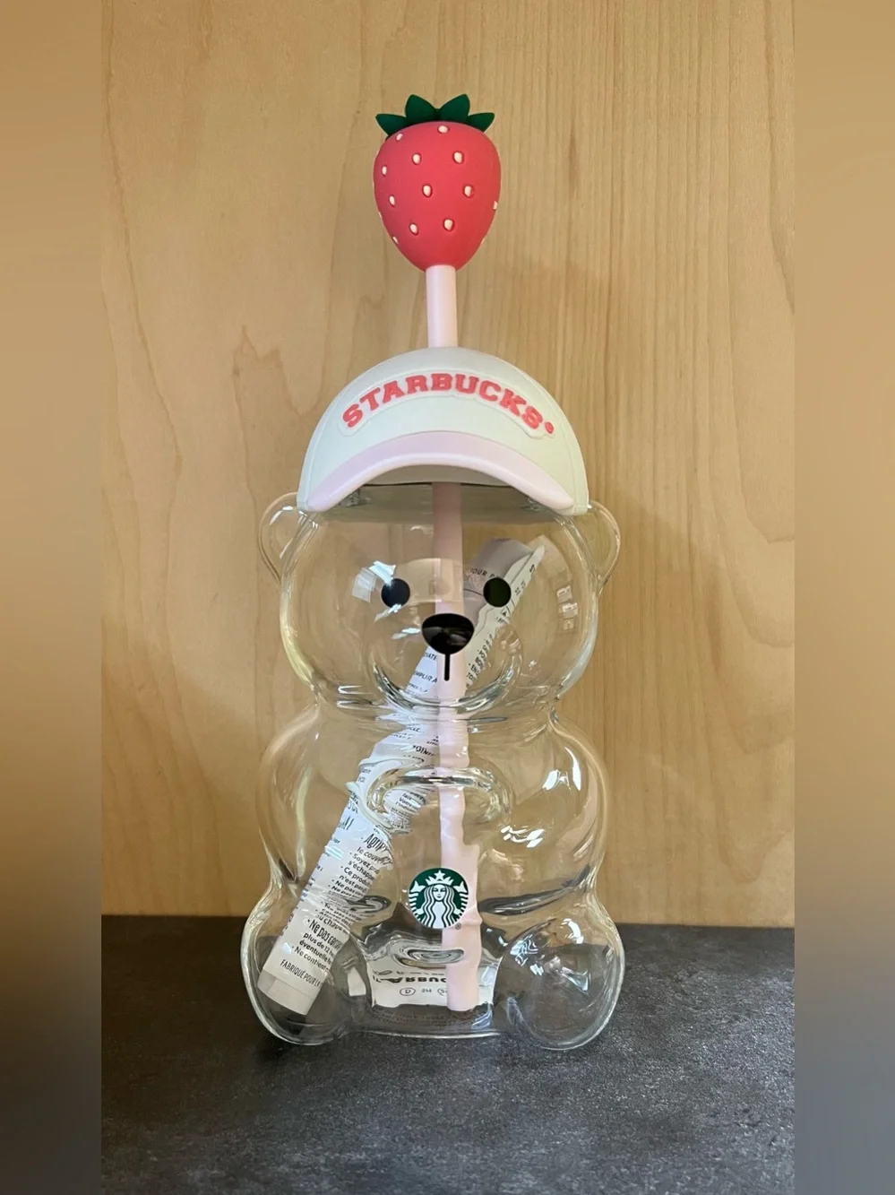 Starbucks Clear Bear Tumbler with Pink Straw and Strawberry Topper